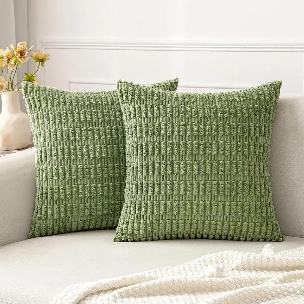 Green Soft Boho Striped Corduroy Throw Pillow Covers, Modern Farmhouse Decor for Sofa Living Room Bed Car 45x45CM Cushion Cover