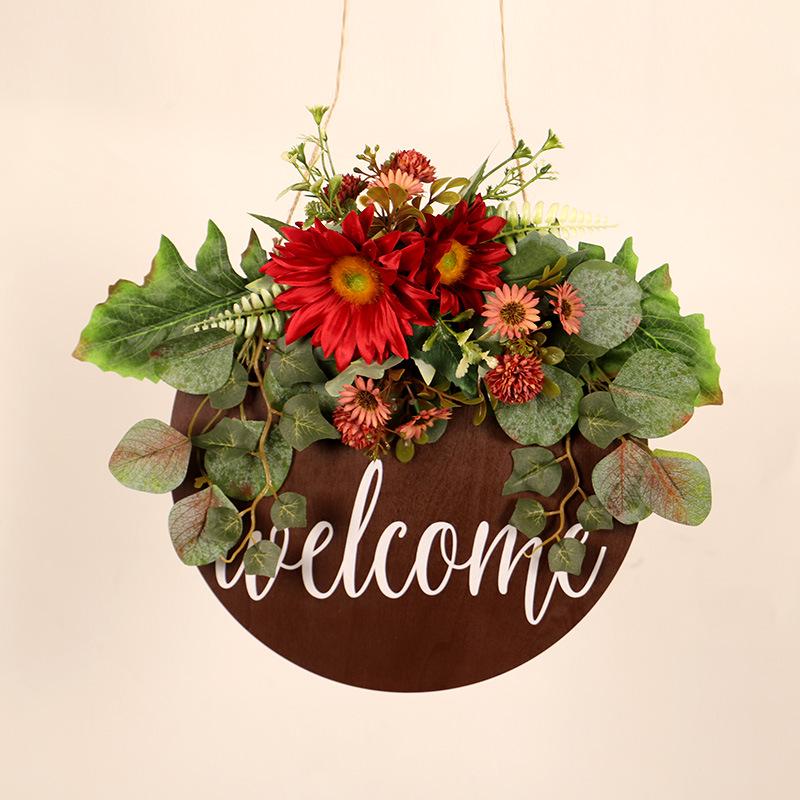 Hong Yu Autumn Thanksgiving Wooden Door Hanger with Simulated Sunflowers