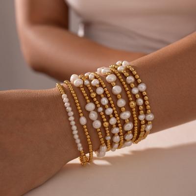 1 Stück Zartes 18K Vergoldetes Süßwasserperlen Stretch Armband Set Damen Mode Edelstahl Perlen Armbänder Wasserdichter Schmuck