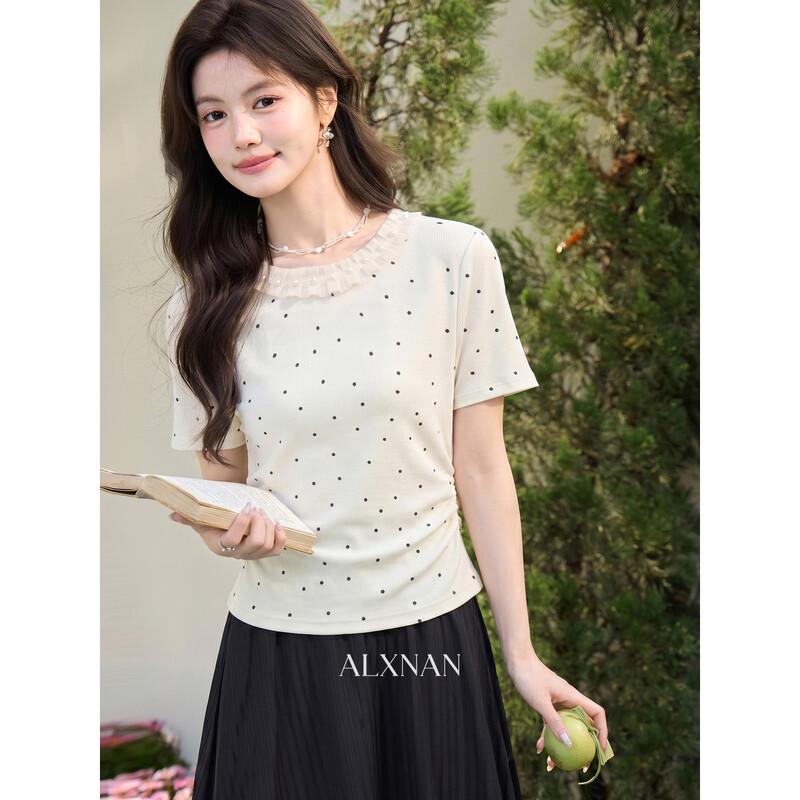 Women s French Style Polka Dot Short Sleeve T-shirt L