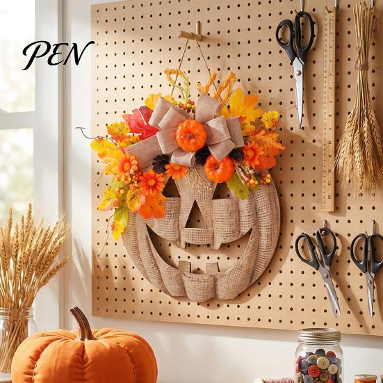 Harvest Season Home Interior Decor Wooden Pumpkin Halloween Door Sign with LED Lights, Artificial Floral Hanging Thanksgiving Party Welcome