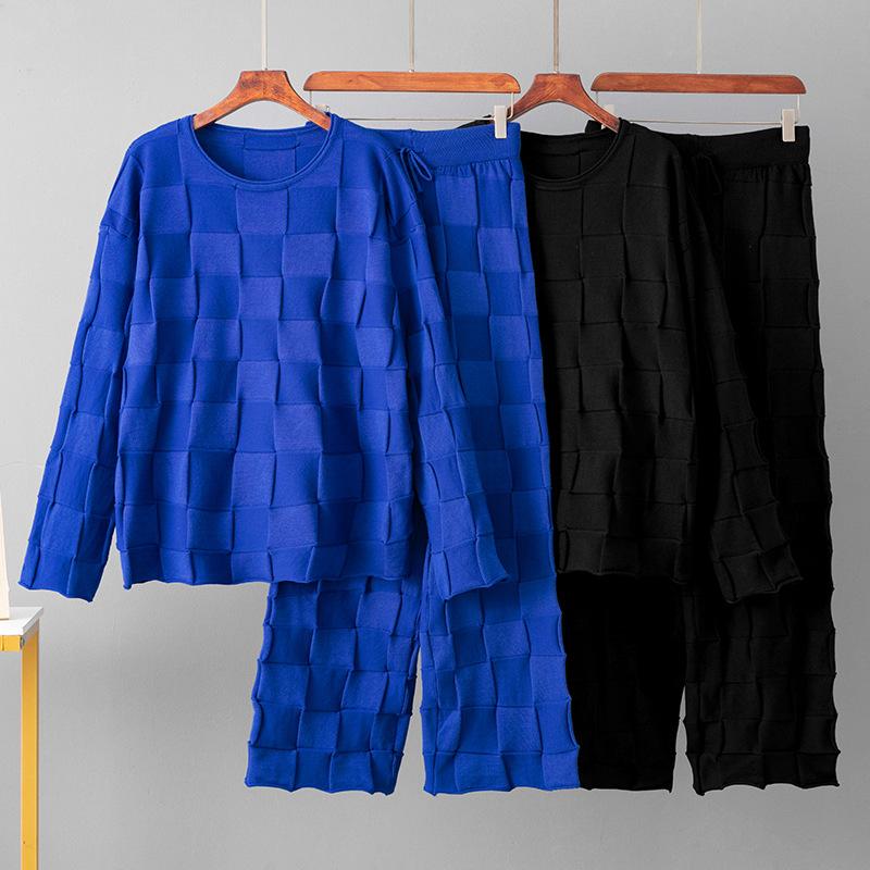 Wool Suit Autumn Checkered Crew Neck Top + Casual Sports Wide-leg Pants Two-piece Set for Women