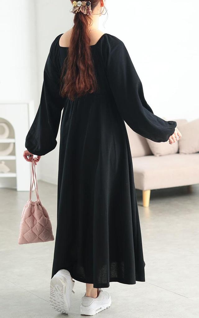 Gold Japan Plus Size Long Solid Perfect for and Size Black fem-615 Women's Dress, Sleeves, Flared, Drawstring, Ribbon, Color, Stretch, Fall, Winter,