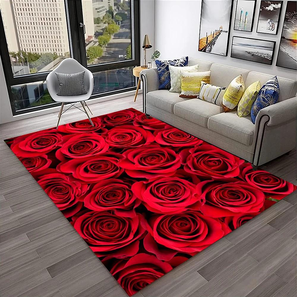 Romantic Rose Flower Carpet Home Living Room Area Rug Bedroom Doormat Non-slip Foldable Washable Floor Mat For Entryway Hallway