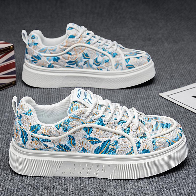 Spring Shoes for Men Canvas Casual Platform Shoes Trend Flowers Print Flat Skateboard Shoes Youth Lace-up Sneaker