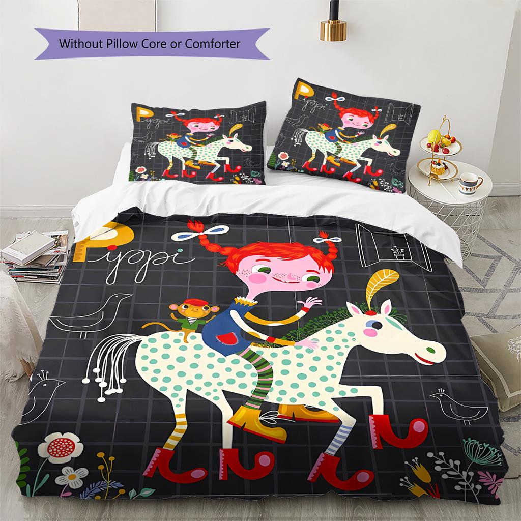 Pippi Longstocking Pattern Bedding,Quilt Set Quilt Cover Pillowcase Home Birthday Gift (1 * Duvet Cover + 2 * Pillowcase, Without Core)