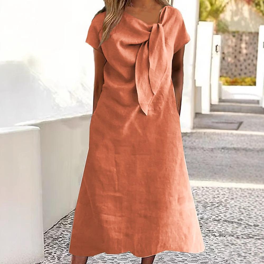 Women's Summer Cotton Linen Midi Dress, Twist Knot Neck Short Sleeve Solid Color Loose Casual Long Dress with Pockets for Daily Vacation Wear