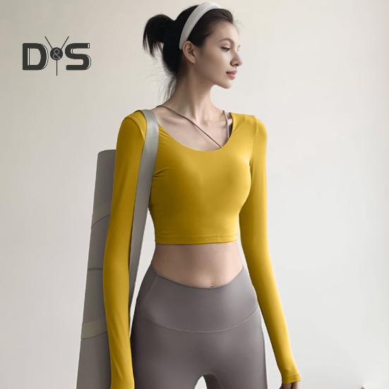 Innen gepolsterte Yoga-Tops für Damen, sexy Rücken, langärmelig, Yoga-Top, Sport, hochelastisch, für Fitnessstudio, Fitness, Laufen, Training, T-Shirt, weich, atmungsaktiv, sportliche Kleidung für