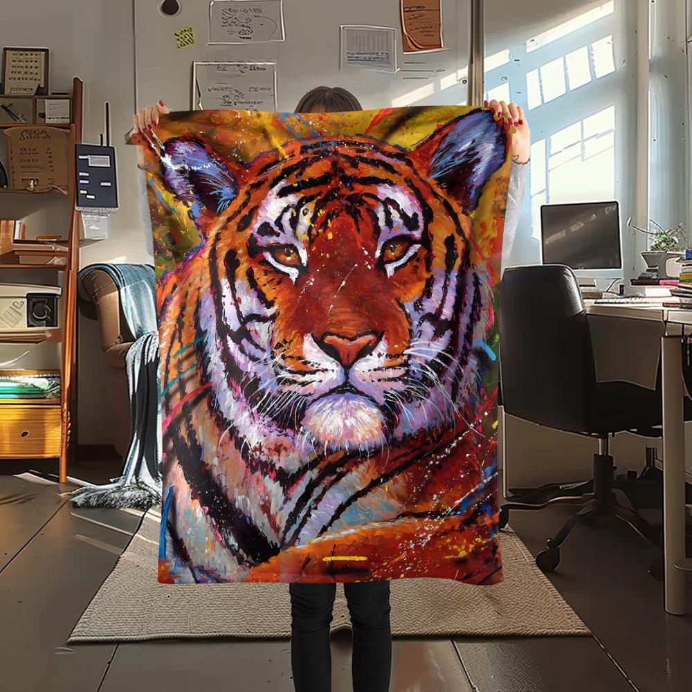 1Pc Tiger Fox Art Print Flannel Blanket, High Quality Comfortable for All Seasons, Home Decor, Warmth and Comfort, Perfect for Gifts