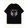 Vintage Black Oversized T-Shirt with Winged Electric Guitar Print – "ROCK ON" Rock-Style Statement Top