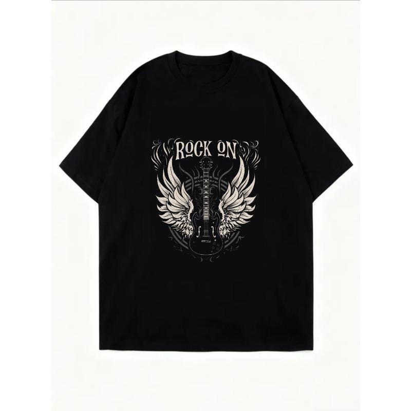 Vintage Black Oversized T-Shirt with Winged Electric Guitar Print – "ROCK ON" Rock-Style Statement Top
