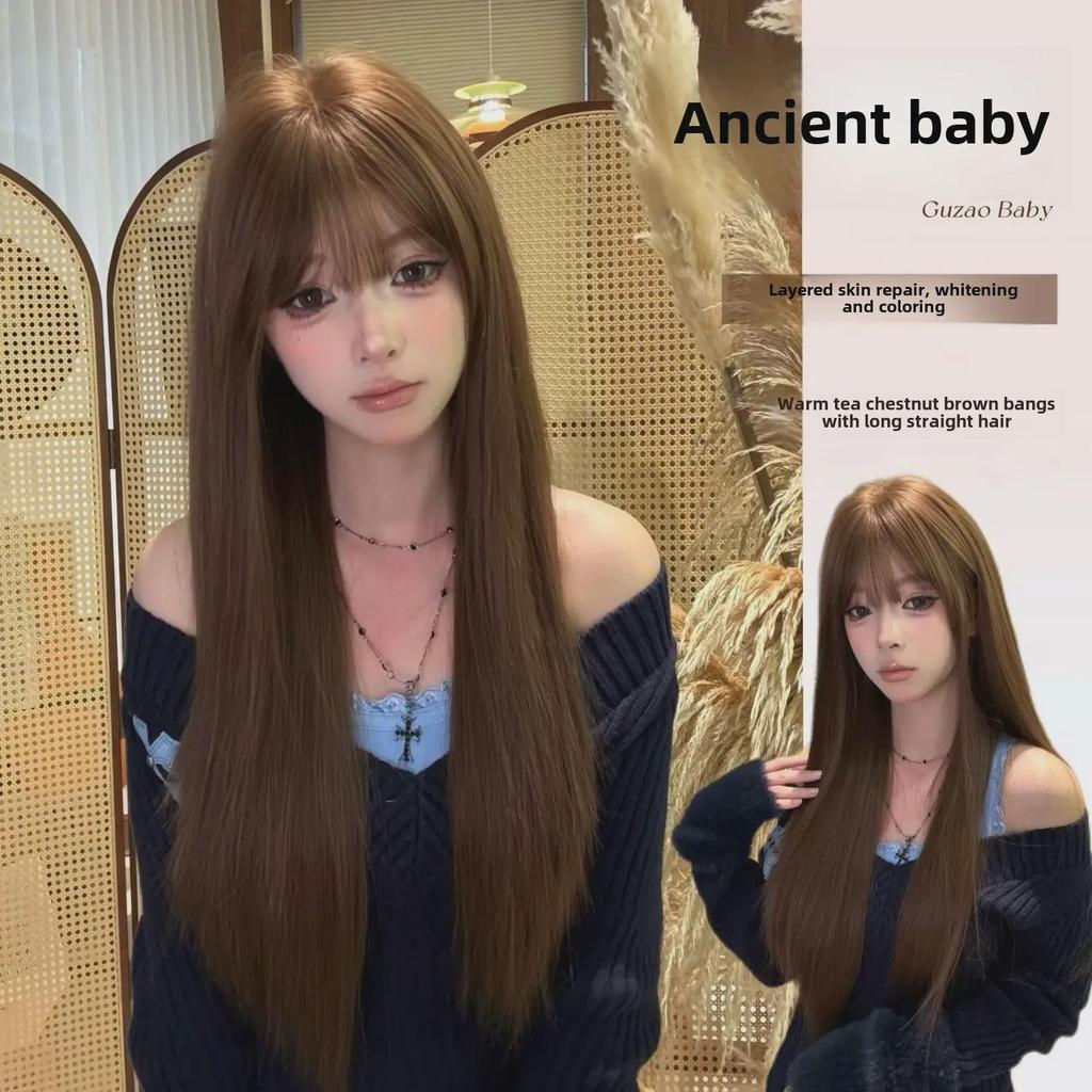 Yuan Yang Honey Tea Linen Long Straight Wig - Realistic, Fluffy, and Natural-Looking Bangs for Women.