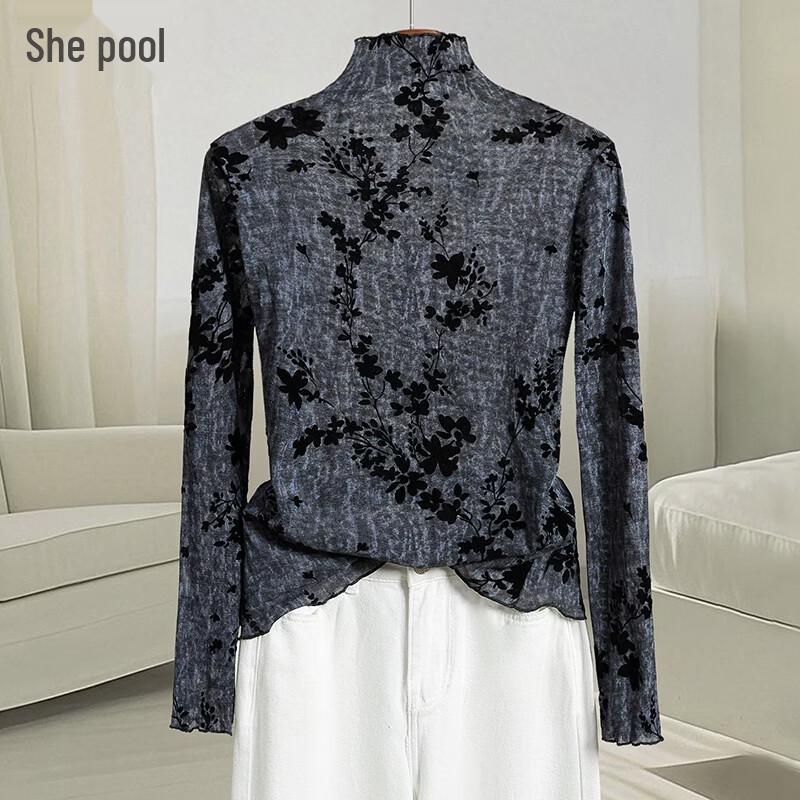 Women s Elegant Flocking Jacquard Half-High Collar Long Sleeve Base Shirt One Size