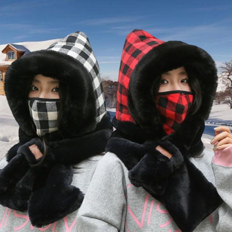 Hat and Scarf Integrated Women's Winter Cycling Windproof Hat, Cold-proof and Warm Versatile Plush Thickened Versatile Round Face Ear Protector