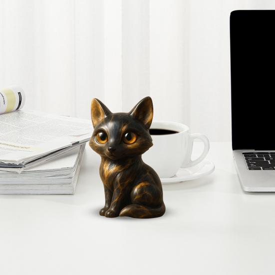 Big-Eyed Fox Figurine Hand-Carved Healing Fox Statue Lucky Animal Sculpture Home Office Desktop Decoration Ornament