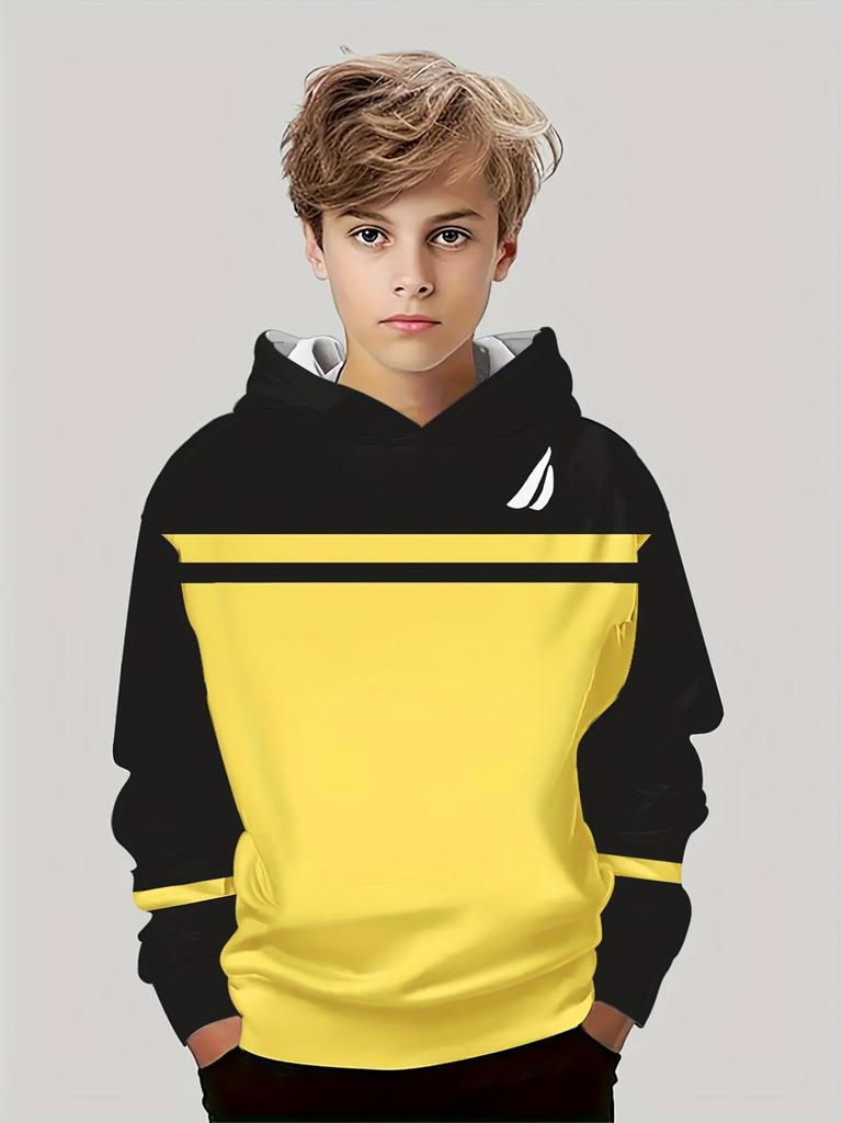 Boys Hoodie Stripe Printed Pullover Long Sleeve Thin Hooded Sweatshirt for Autumn Casual Versatile Classic Color Matching Design