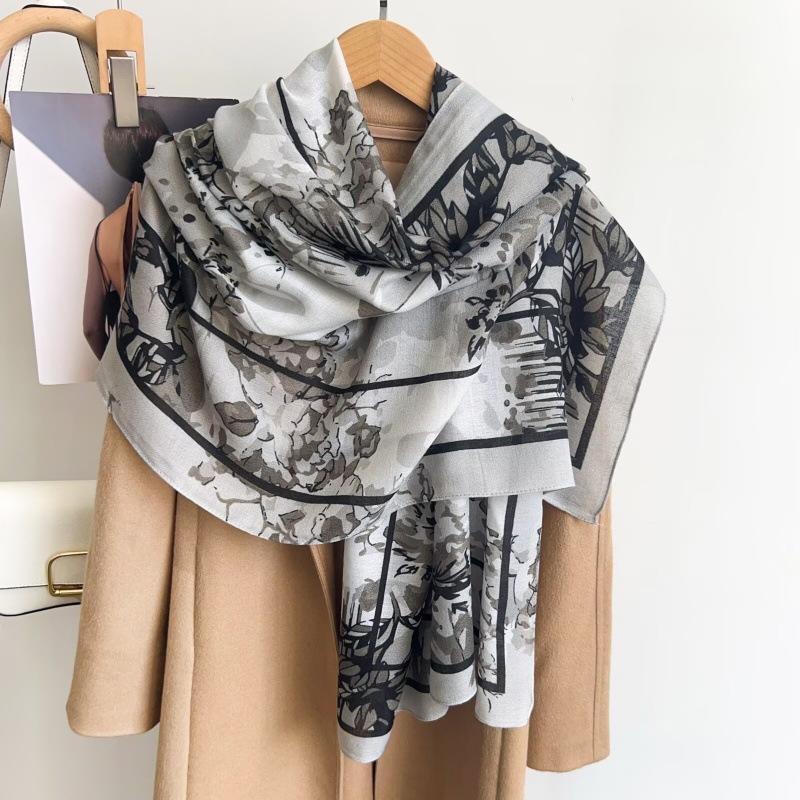 New Chinese Style Oil Painting Flower Scarf Long Silk Scarf For Travel Sun Protection