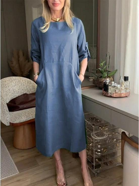 2024 Women's Cotton Linen Casual Dress with Double Pockets - Round Neck, Solid Color