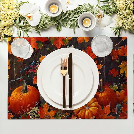 Pumpkin Maple Leaf Bird Fall Placemats Set of 4 Autumn Thanksgiving Seasonal Holiday Harvest Linen Table Mats Orange Brown Washable Place Mats for