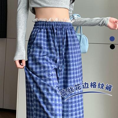 Spitze Spitzenbund Karohose lässig Sommer faul locker weite Beine hohe Taille dünn fallend gerade Hose