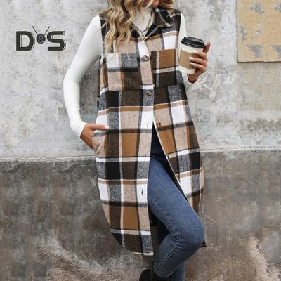 Women Long Vest with Breast Pockets Plaid Print Turn-down Collar Single-breasted Mid Length Waistcoat Loose Caerdigan Outerwear for Daily Wear Dating