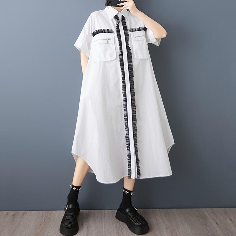 Kurzarm-Kleider in Übergröße aus Baumwollnetz, Vintage, neu in Kleidern für Damen, lässig, locker, lang, Sommer, Hemdkleid