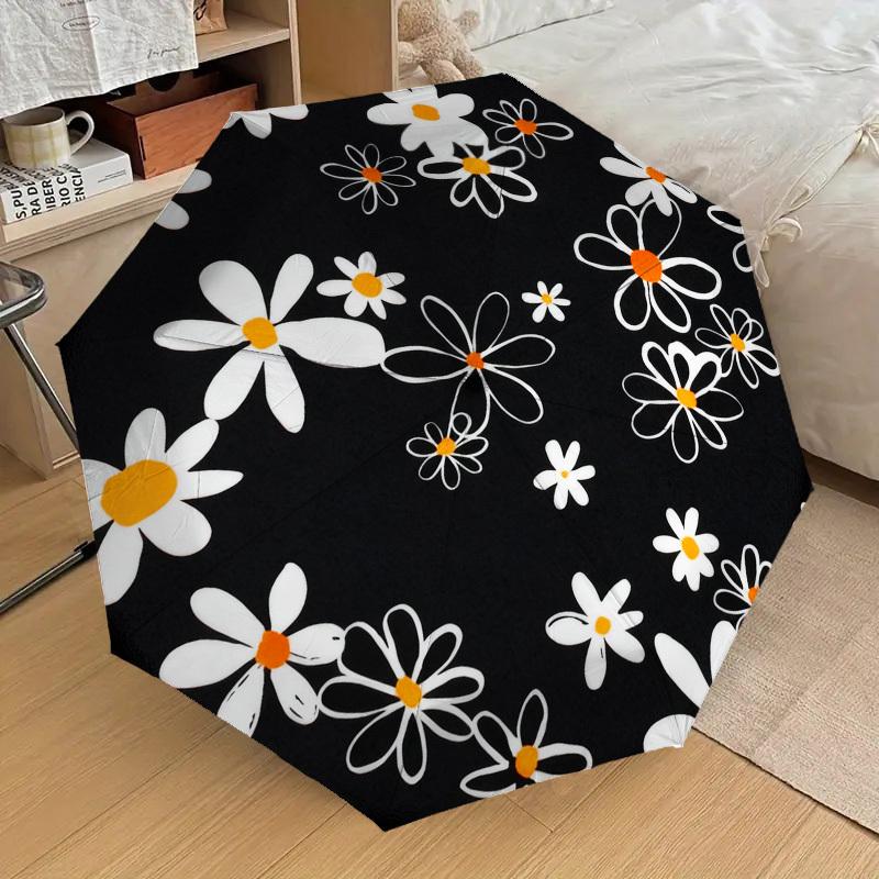 1 шт. Черный автоматический складной зонт с ромашками, Прочная железная рама с 8 ребрами, Подходит для путешествий, Ежедневного использования, Подарок на день рождения, Декоративный подарок 87