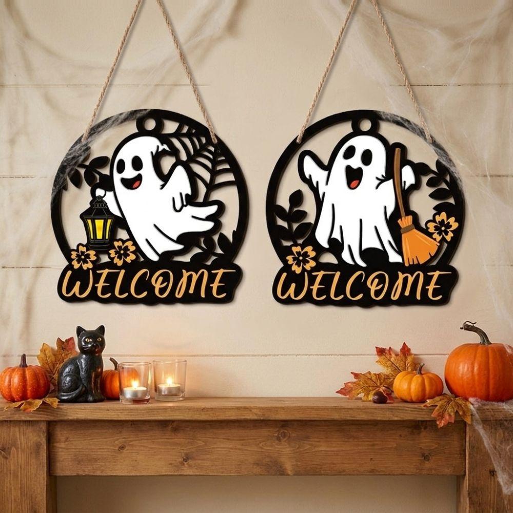 Round Halloween Ghost Door Hanger Hollow Out Ghost Hanging Plaque Garden Yard Decor