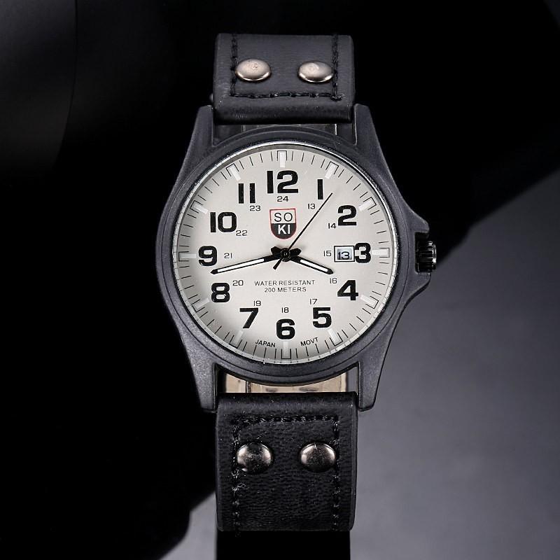 Classic Mens Sports Quartz Watch With Leather Strap And Calendar For Business Use BlackWhite