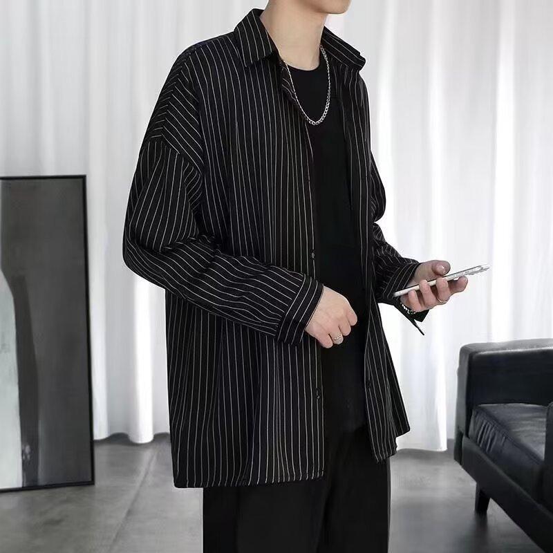 Herren Frühling und Herbst Plus Size Revers Peplum Einfarbig Langarm Gestreiftes Hübsches Hemd
