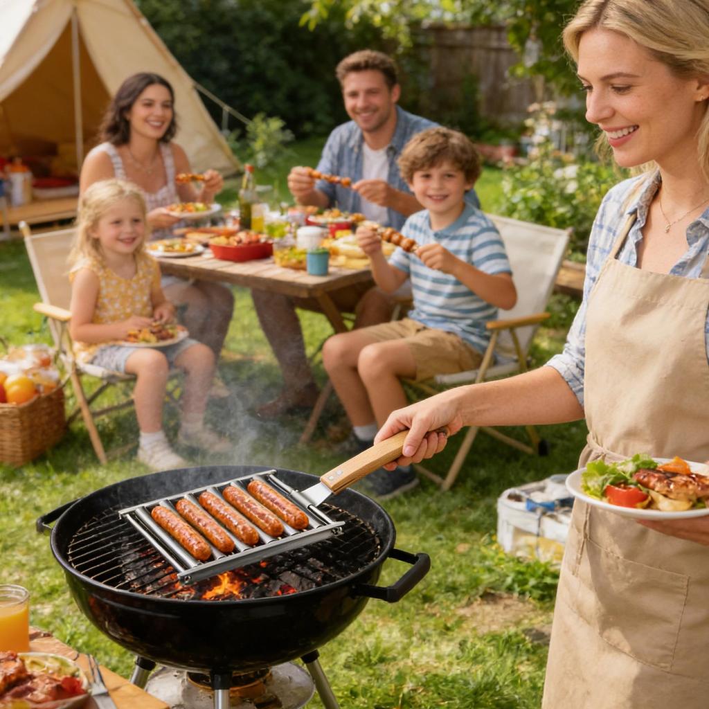 Sausage Roller BBQ Grill Rack Stainless Steel Hotdog Roller Grill Brackets Portable Non-Stick Barbecue Tool for Camping Picnic