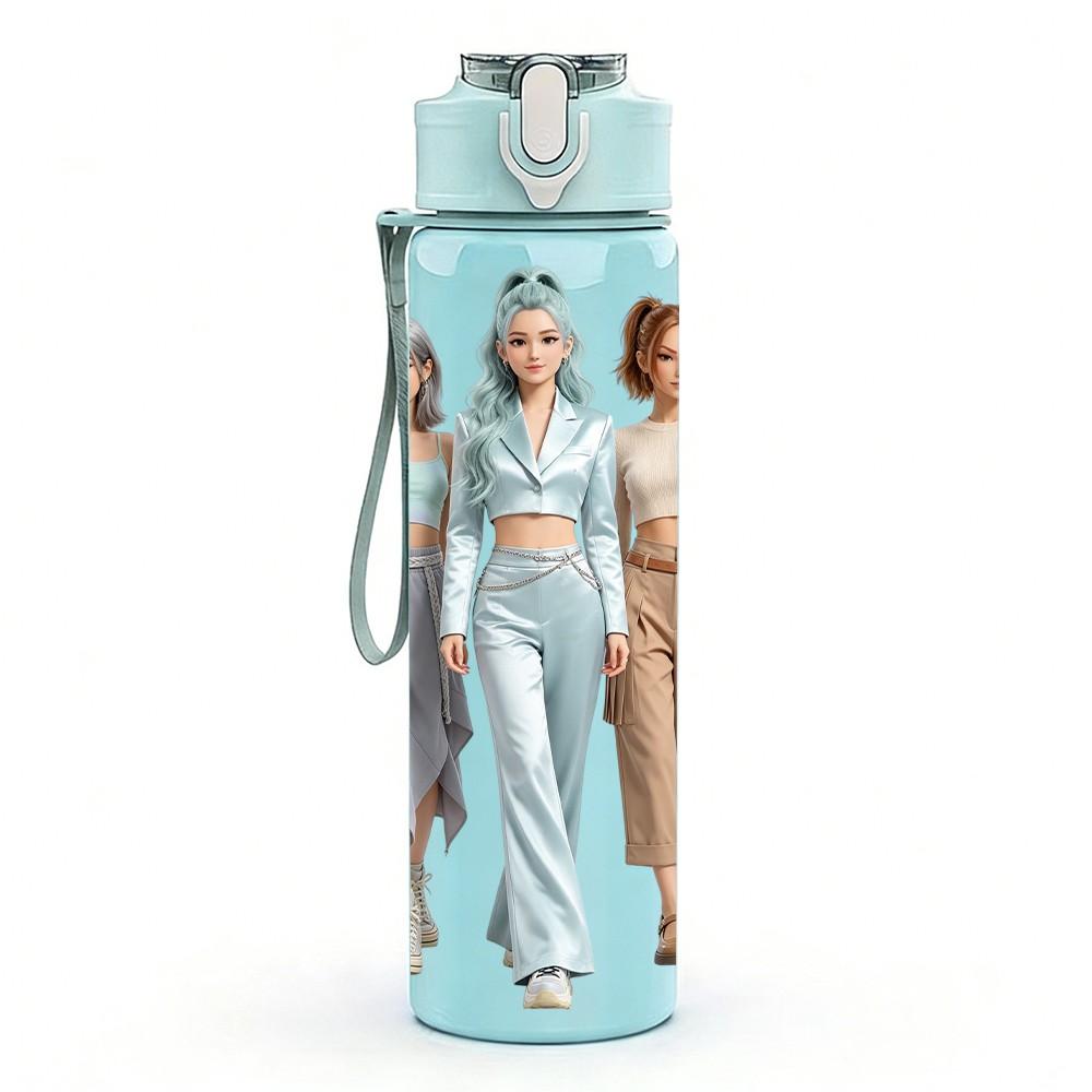 1PC Two Casual Ladies Walking 750ml Color Plastic Sports Water Bottle Leakproof Flip Straw Lid Suitable for Sports Office Home Use