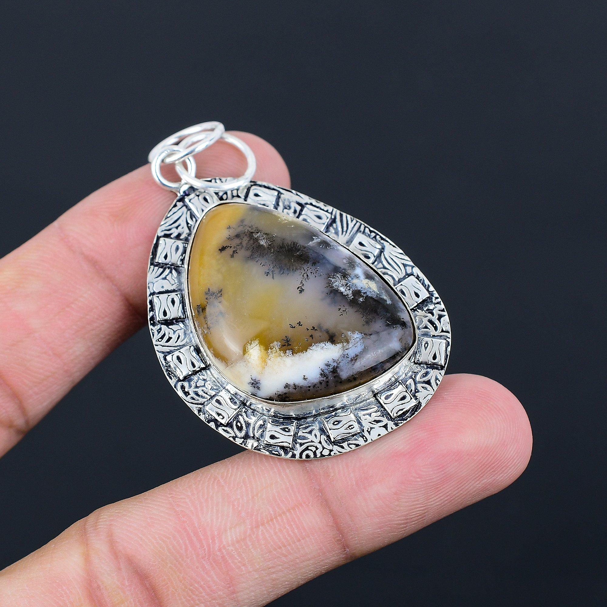 Dendrite Opal Gemstone 925 Sterling Silver Sister Elegant Bezel Pendant Jewelry