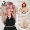 Gemischte hellblonde und rosa Perücke, lange gewellte Perücken mit Pony für Frauen, synthetische Perücke, Cosplay, tägliches hitzebeständiges Haar