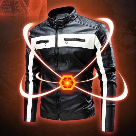 Men Jacket Color Block Slim Windproof Faux Leather Stand Collar Outerwear for Working