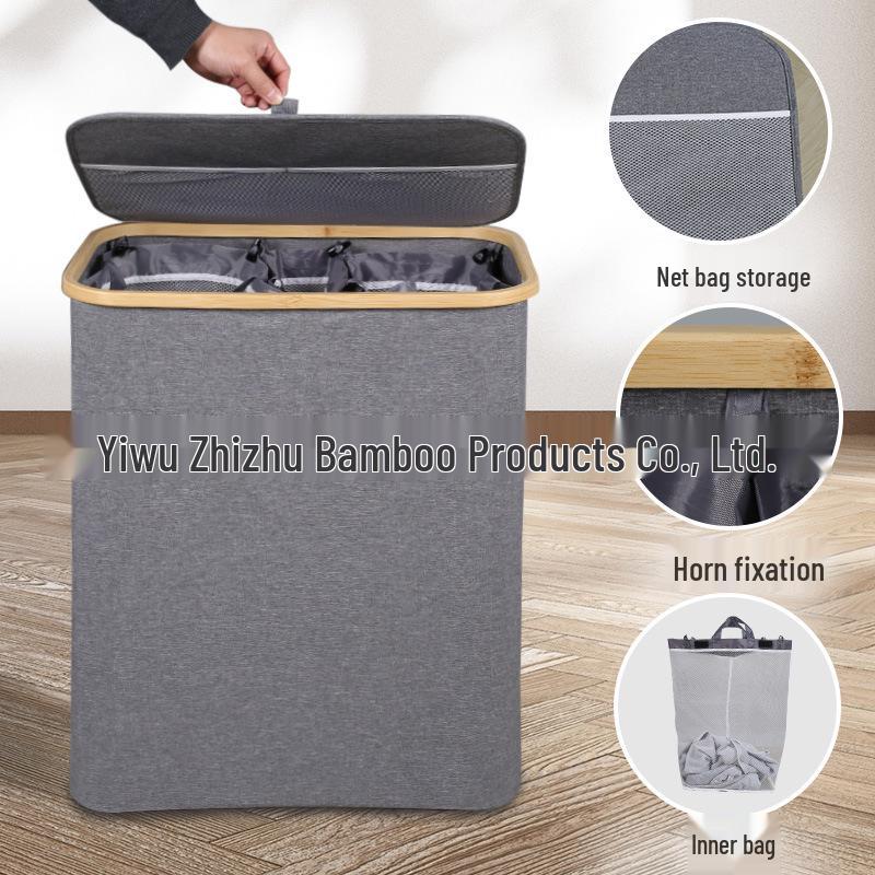Camphor Bamboo Foldable Laundry Hamper with Three Pockets – Large Capacity, Antibacterial, and Anti-Mildew