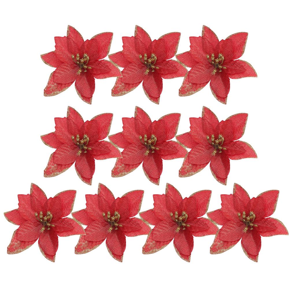 Artificial Poinsettia Christmas Flowers Red Gold Sparking Glitter Fake Flower for Xmas Tree Ornaments Florals Party Home Decor