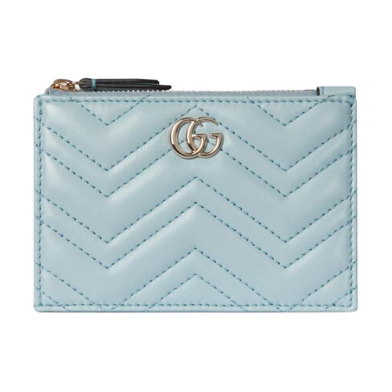 Gucci GG Marmont embossed V-shaped light gold finish leather key case women's light blue