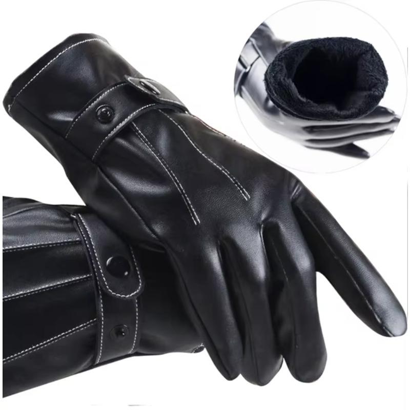 Windproof Winter Gloves Men PU Leather Button Warm Convertible Mittens Outdoor Sports Driving Skiing Black Cold Weather Gear