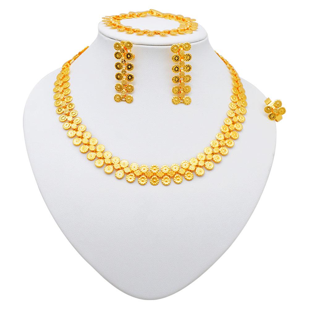 Simple Elegant Gold Color Women Jewelry Sets Necklace Earrings Bracelet Rings Sets Fashion Set Dubai Wedding Banquet Party Gifts