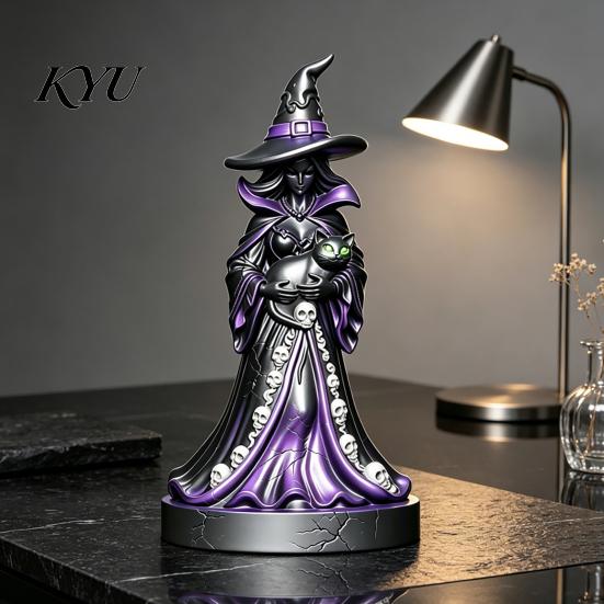 Dark Aesthetic Home Accessories Halloween Witch Figurine, Gothic Resin with Black Cat Ornament, Collectible Art for Decor Fantasy Tabletop Statue