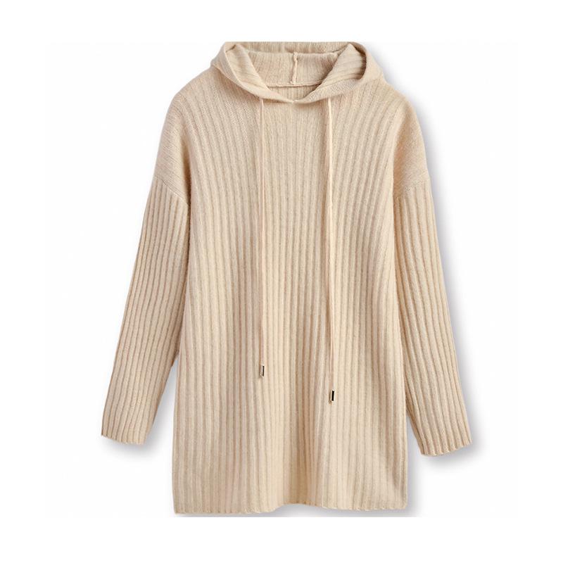 Women's Hooded Mid-Length Wool Sweater Dress, Loose-Fitting Knitted Outerwear, Solid Color, Long-Sleeved