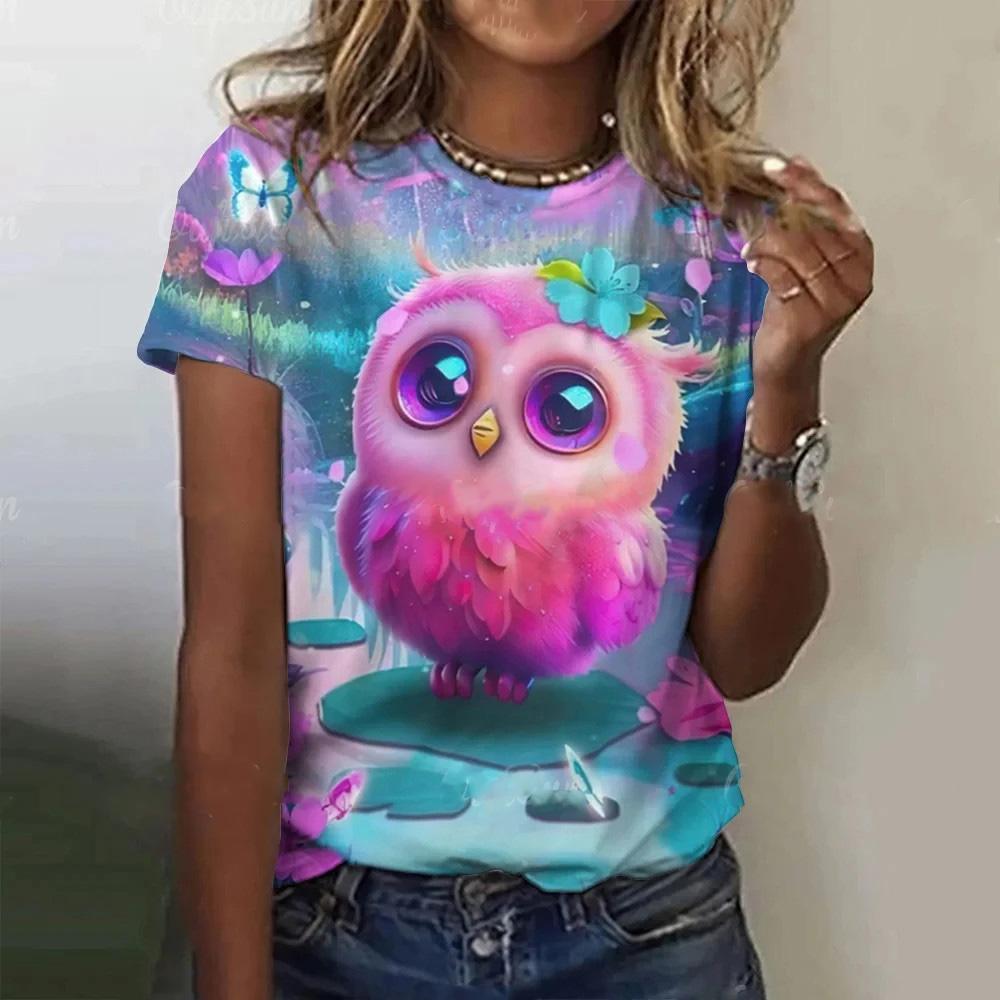 Summer new animal owl pattern 3D printed T-shirt for women, short sleeved round neck T-shirt