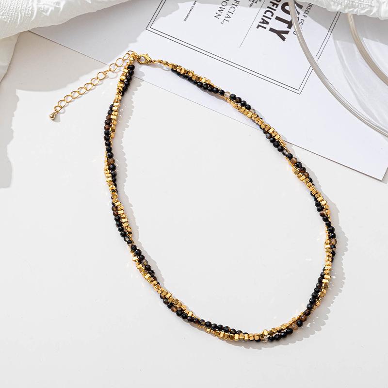 GEMCHIC Women s Layered Natural Black Agate Beaded Necklace and Bracelet Set Gold Plated Chain Jewelry