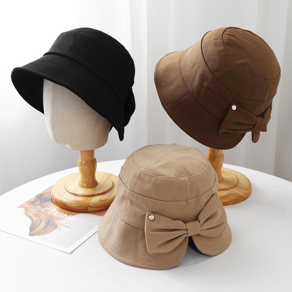 Back split bow bucket hat women's fashion spring and autumn simple sunshade basin hat versatile commuter bucket hat