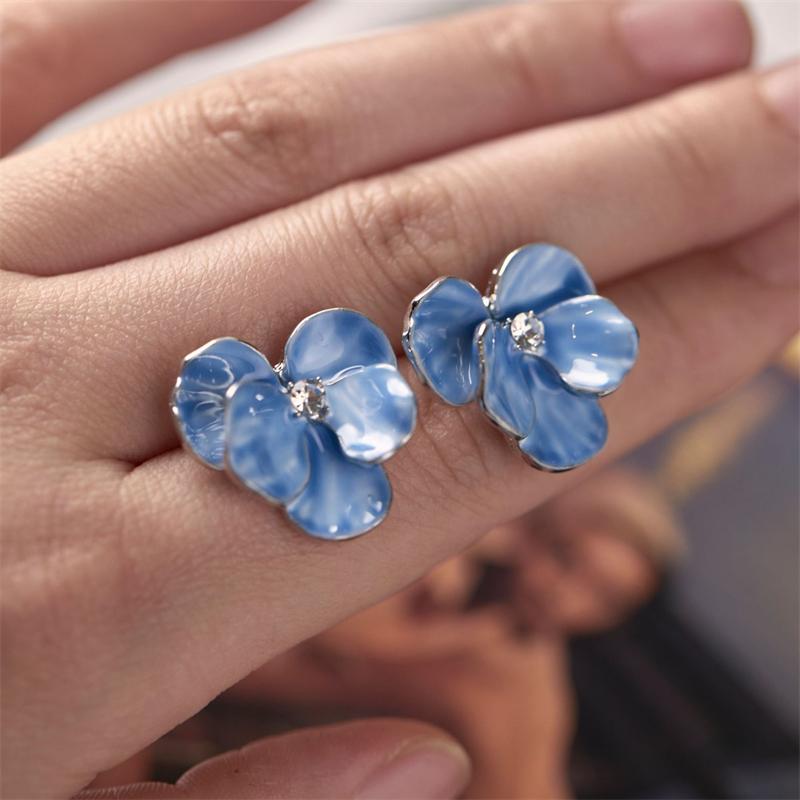 

Red Blue Enamel Flower Stud Earrings for Women Five Petals Crystal Middle Korean Fashion Lovely Cute Girls Ear Decoration