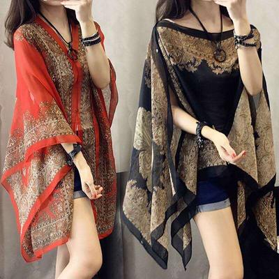Elegant V-Neck Shawl Top Semi-Sheer Sunscreen Shawl Beach Scarf Chiffon Printing Shawl