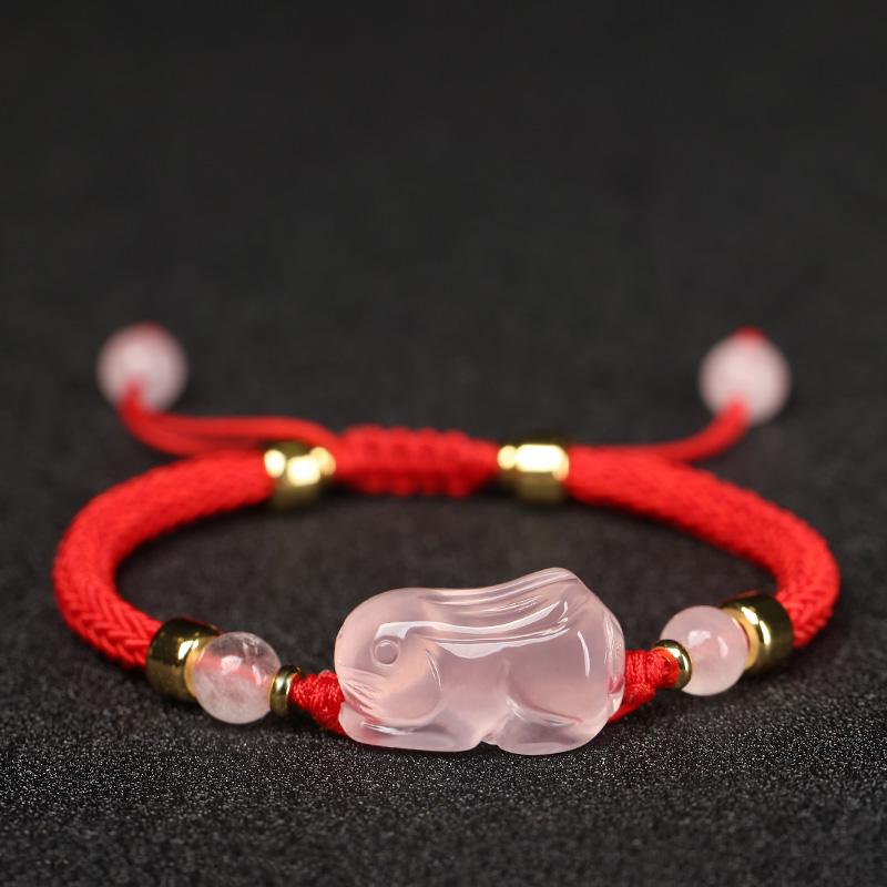 Pink Crystal Zodiac Bracelet: Rose Quartz, Red String Weave, Pig, Ox, Rat, Rabbit Charm - Perfect Gift for Girlfriend or Bestie