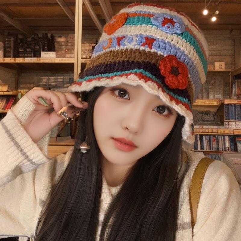 Warm and Cold Hat Versatile Wool Hat Winter Big Head Circumference Women's Face Small Colorful Striped Fisherman Hat Small Flower Pile Hat