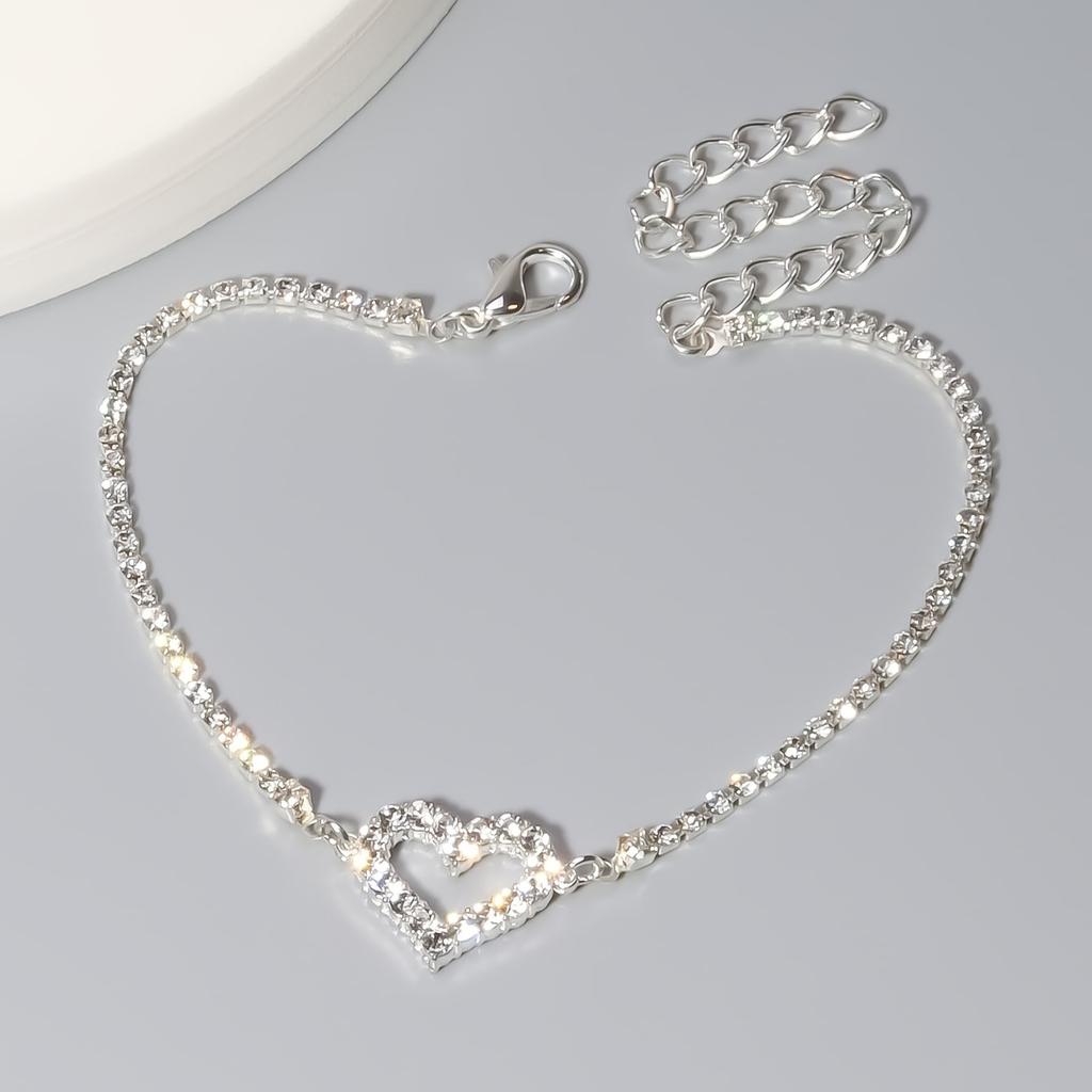 Valentine's Day - Themed Adjustable Chain Bracelet with Hollow Heart Shape Studded with Sparkling Rhinestones
